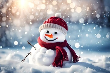 Winter holiday christmas background banner - Closeup of cute funny laughing snowman with wool hat and scarf, on snowy snow snowscape with bokeh lights