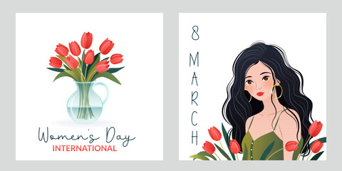 International Women's Day square banners set. 8 March. Portrait of cartoon woman with tulips. Bouquet of flowers in vase. Design for poster, campaign, social media post, postcard. Vector illustration.