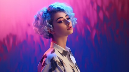 Portrait of beautiful young retro style girl. Vaporwave vivid bright background.