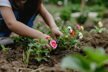 Little girl working in the garden, little gardener , springtime 