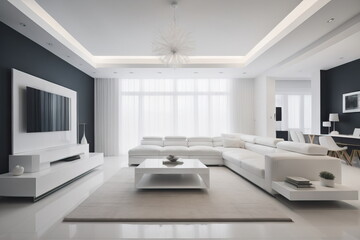 Interior of modern white living room panorama