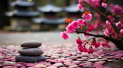 Tranquil Rock Garden, A Serene Sanctuary With Pink Flowers and Rocks, representing mindfulness, relaxation, and inner balance