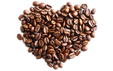 Heart coffee beans isolated on a white background, Valentine's Day Concept