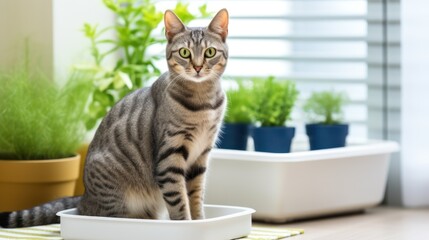 The Egyptian Mau cat sitting in cozy interior background with litter box, pet toilet care concept.