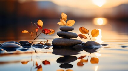 Obraz na płótnie Canvas Nature Background: Tranquil Rocks with orange leaves Balanced on Water at sunset, Peaceful and Calming Nature Image, perfect for meditation, inner peace, mindfulness, emotional healing