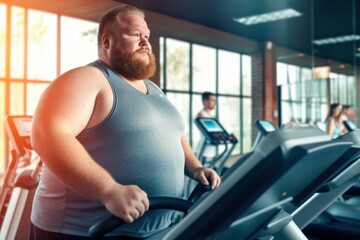 Fototapeta na wymiar Fat man in sportswear exercising in the gym.