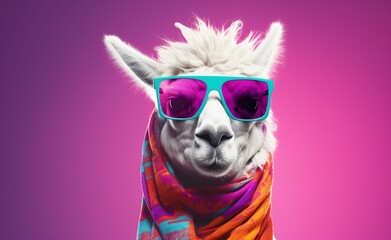 a llama in colorful sunglasses wearing a scarf