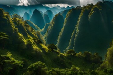 Amazing wild nature view of layer of mountain forest landscape with cloudy sky. Natural green scenery of cloud and mountain slopes background. Maehongson,Thailand. Panorama view.