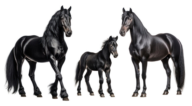 Group of black horses: mare, stallion and foal, animal family isolated on transparent background. PNG clip art elements.