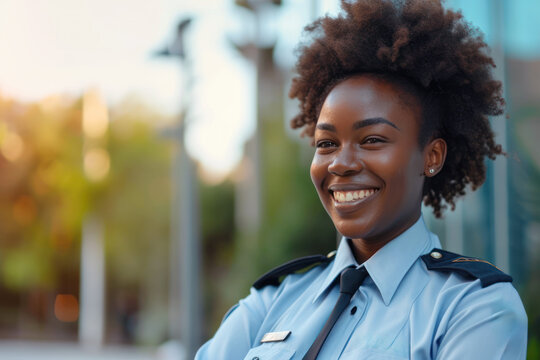 Afro woman wearing security guard or safety officer uniform on duty
