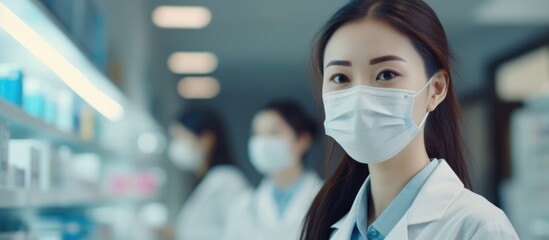 Asian female pharmacist in white coat and medical mask holding clipboard in pharmacy, looking at camera.