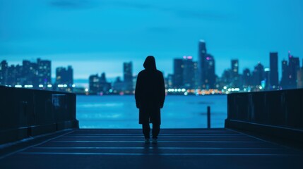Night city scene with silhouette of dangerous criminal man wearing hood and looking for a victim, illustration for true crime story. Outdoor urban background.