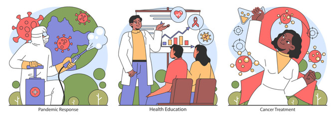 Healthcare set. Robust vaccination programs, innovative medical technology, and united global health initiatives. A visual narrative of modern medical solutions. Flat vector illustration.