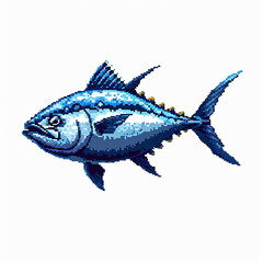 Pixelated art illustration of a blue tuna fish swimming in a white background