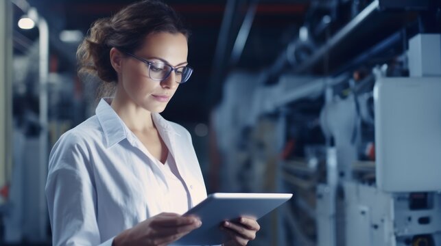 Woman factory worker wearing glasses and white robe at polymer plastic manufacturing, using tablet for quality control and logistic purposes, checking machines and mechanisms