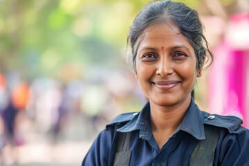 Indian woman wearing security guard or safety officer uniform on duty