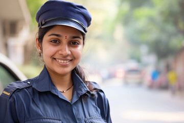 Indian woman wearing security guard or safety officer uniform on duty