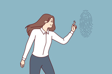 Business woman undergoes fingerprint authentication to confirm safety of performing critical actions. Girl office employee is identified through fingerprint on virtual biometric scanner.