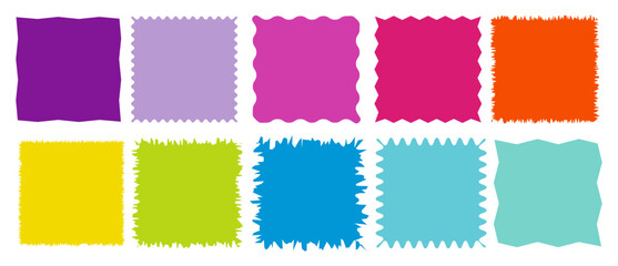 Torn shape pieces set. Set of colored jagged paper square. Zig zag square shape with jagged edges - obrazy, fototapety, plakaty