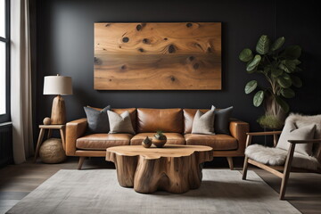 Live edge coffee table near rustic wood log sofa and chair against black wall with tree root ball wall decor. Wabi-sabi home interior design of modern living room