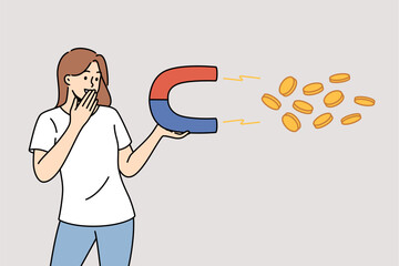 Woman attracts money with magnet, and smiling covers mouth, rejoicing at fortune that allows to have large income. Concept easy money due to lucky coincidence of circumstances or professional skills