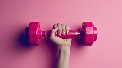 Woman's hand holding a bright purple dumbbell, isolated on plain pink background