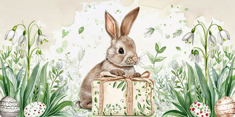 Cute Easter bunny sits near a gift box in the grass and snowdrops with Easter eggs. Spring holiday, symbol of Easter. Watercolor drawing in pastel colors, space for text - obrazy, fototapety, plakaty