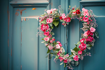 Fototapeta na wymiar Heart-shaped floral wreath at the front door, valentine's day home decor 