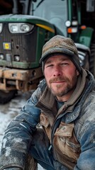 Fototapeta premium Man farmer takes a photo selfie with a tractor on background