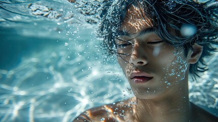 Portrait. Young Thai man posing underwater with closed eyes.
