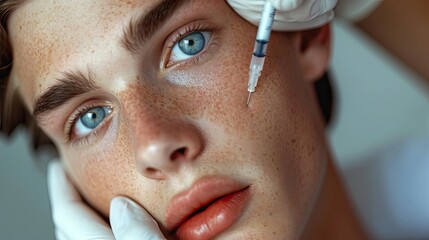 Botox injection in the face of a young man. Beauty and youth treatment.