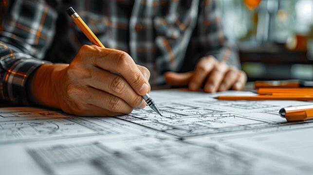 Hands of an architect designer drawing a house plan on a paper.