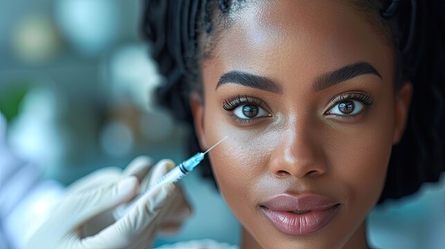 Botox injection in the face of a young black woman. Beauty and youth treatment.