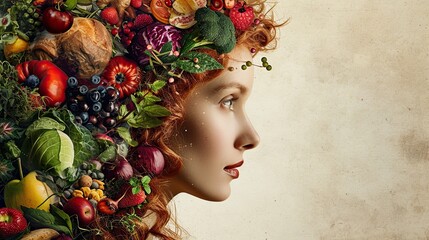 Collage illustration, woman head made of healthy food.