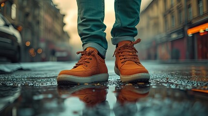 Casual shoes in a beautiful urban environment, male design. - obrazy, fototapety, plakaty