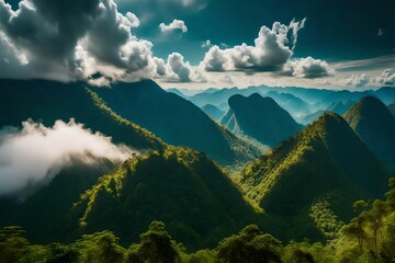 Amazing wild nature view of layer of mountain forest landscape with cloudy sky. Natural green...