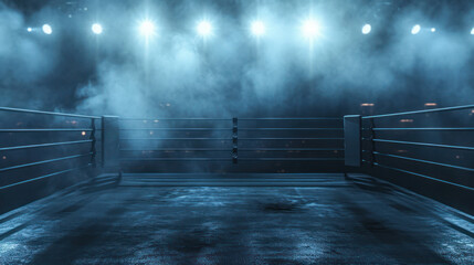 Generative AI, professional boxing ring with spotlights and smokey background, martial arts sport - obrazy, fototapety, plakaty
