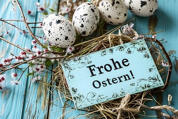 'Frohe Ostern!' Calligraphy on a wooden Sign surrounded by various Easter Ornaments. Template for a Happy Easter Greeting Card