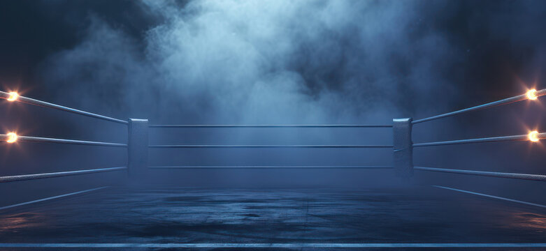Naklejki Generative AI, professional boxing ring with spotlights and smokey background, martial arts sport