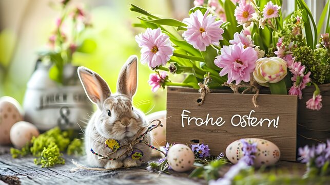 'Frohe Ostern!' Calligraphy on a wooden Sign surrounded by various Easter Ornaments. Template for a Happy Easter Greeting Card
