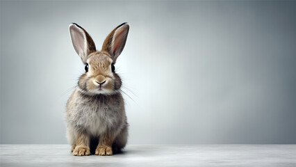 Cute little rabbit sitting on grey background. Place for your text