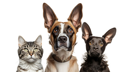 Group of dogs and cats looking at the camera isolated on white background