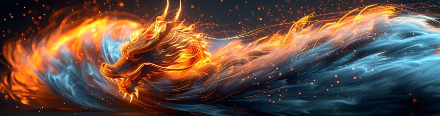  Chinese Dragon Spiraling in Illusory Light Streams, Ultra-Fine Details with Cinematic Lens, Perfect Proportions and Bold Lighting in Light Orange and Dark Blue - Powered by Adobe