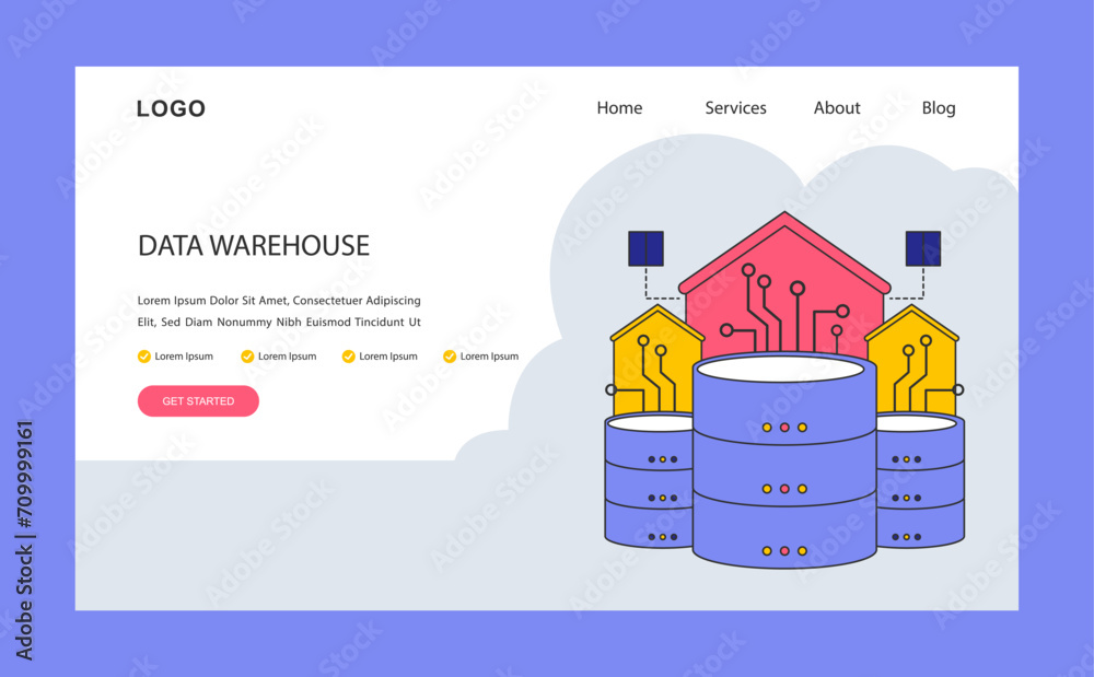 Poster data warehouse web or landing. centralized data storage systems with advanced connectivity. organiza
