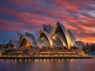 The Sydney Opera House, with its distinctive sail-like design, reflects the pastel colors of...