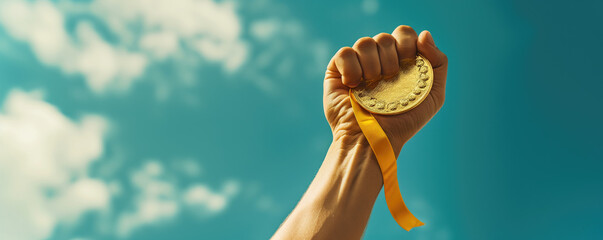 Gold medal held in athlete hand raised against sky - obrazy, fototapety, plakaty