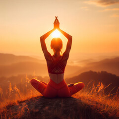 A woman doing yoga on a hill at sunset. ai generative