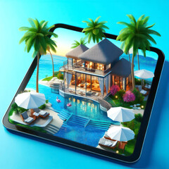 beautiful paradise villa on device screen on blue background. ai generative