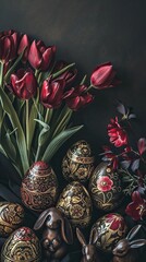 An artistic Easter arrangement on a dark background with vividly painted eggs with intricate patterns and red tulips. Vertically oriented. 