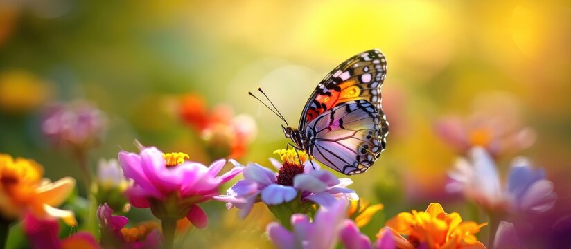 Gorgeous butterflies gracefully flutter on colorful flowers, embraced by nature's beauty.